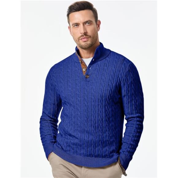 NEW Men's Cable Knit Pullover Sweater Casual Long Sleeve Stand Collar - Picture 4 of 6